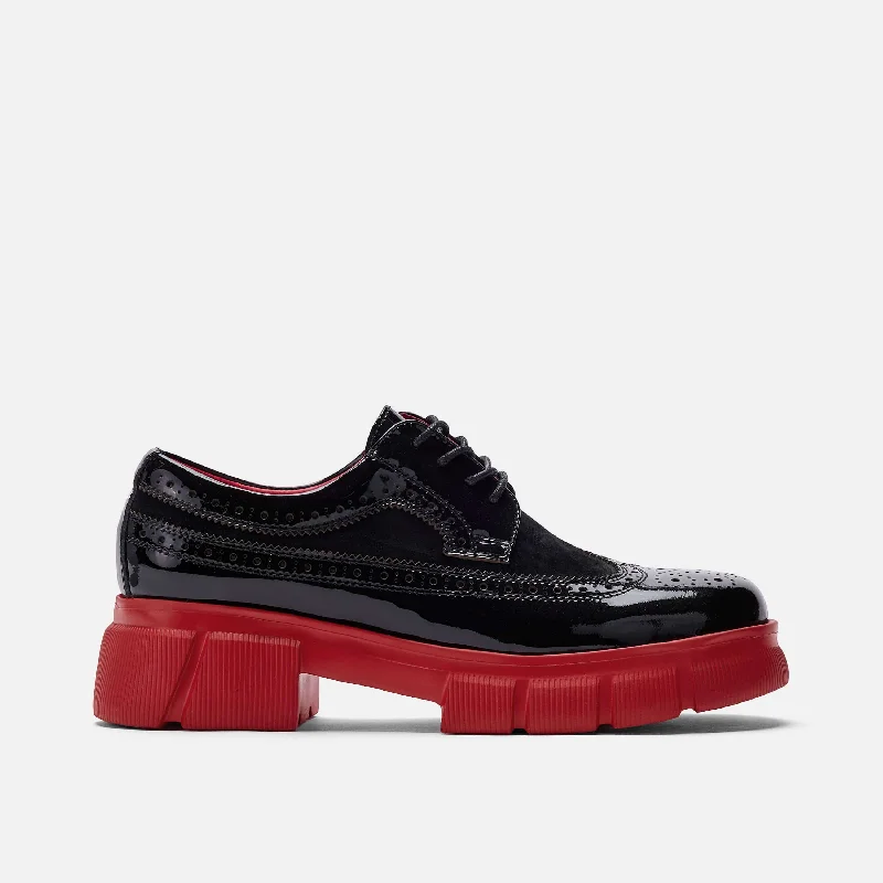 classic formal shoes with rubber heel-Ms. Alexander Black/Red Leather Lug Wingtip Derby