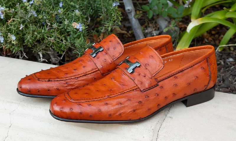 leather oxford shoes for weddings with cushioned heel-Corrente 5760 Ostrich Quill slip-on Loafer - Orange