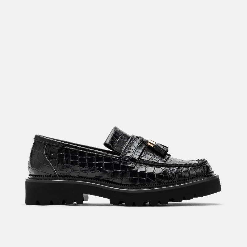 slip-on dress shoes for office professionals-Ms. Journey Black Croc Leather Lug Tassel Loafer