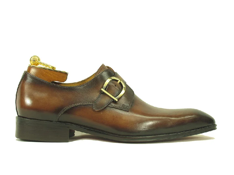 best black leather dress shoes for men’s office-Carrucci Buckle Monk Strap KS503-35 - Chestnut