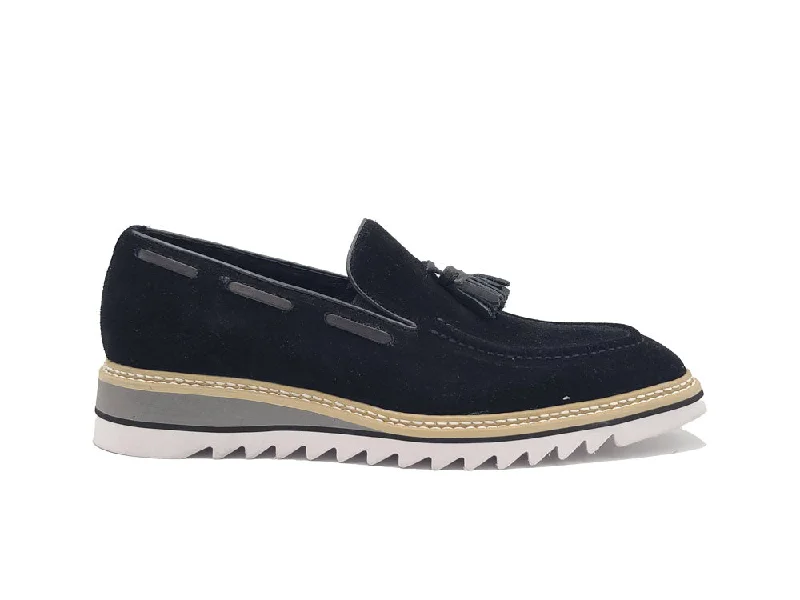 stylish formal shoes with leather sole-Carrucci Venetian Suede Loafer with Calfskin Tassel - Black