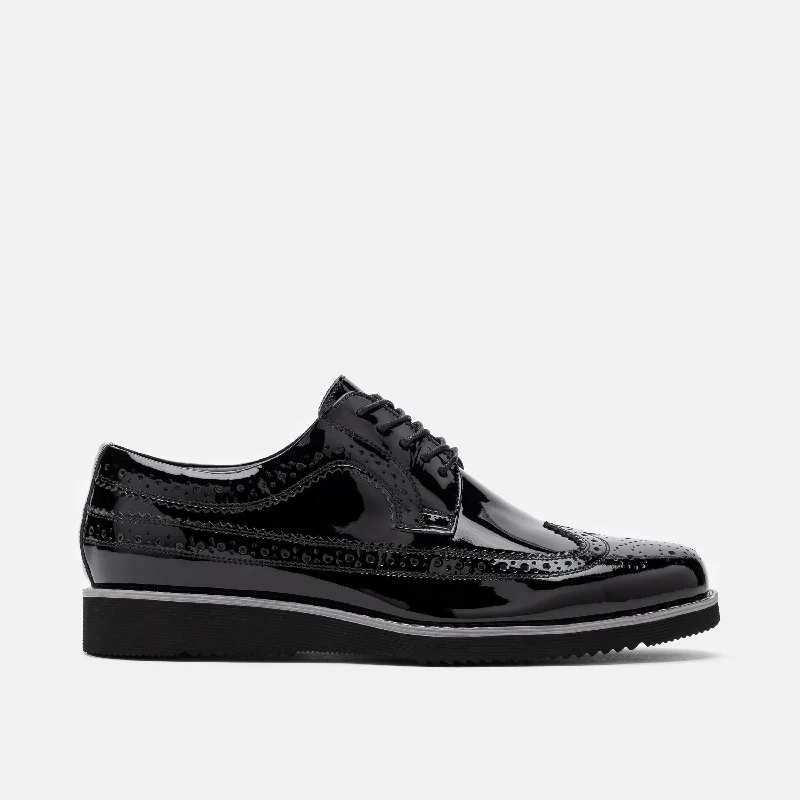 black dress shoes with rubber heel for men-Alexander Black Patent Leather Longwing Sneakers