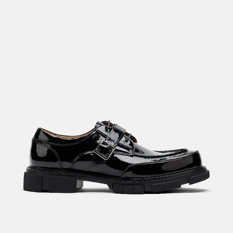 stylish formal shoes with leather sole-Atlas Black Patent Leather Derbys