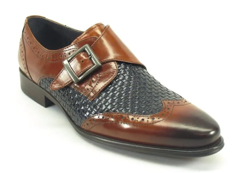 men’s comfortable slip-on formal shoes-Carrucci KS099-722 Woven Buckle Loafer - Brown/Navy