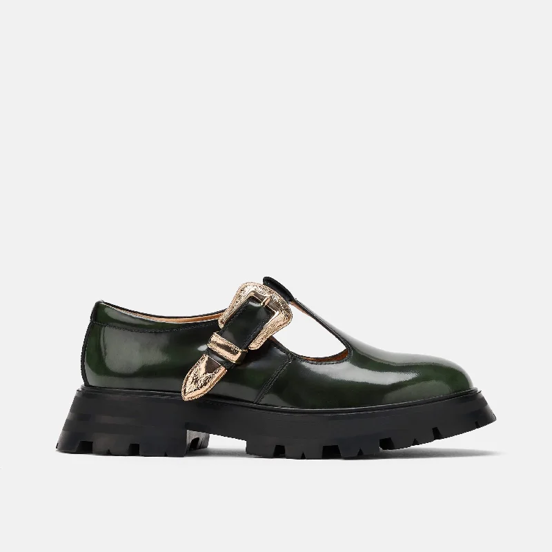 leather dress shoes with memory foam for men-Charli Dark Green Patent Leather Lug Mary Janes