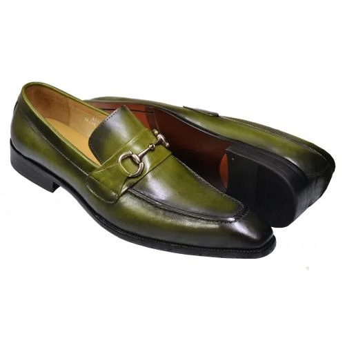 premium leather dress shoes with memory foam-Carrucci KS478-02 Slip On Loafer Apron Toe Leather Shoe - Olive