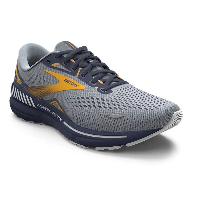 men’s premium dress shoes with memory foam-Mens Brooks Running Adrenaline GTS 23 in Grey/Crown Blue/Orange