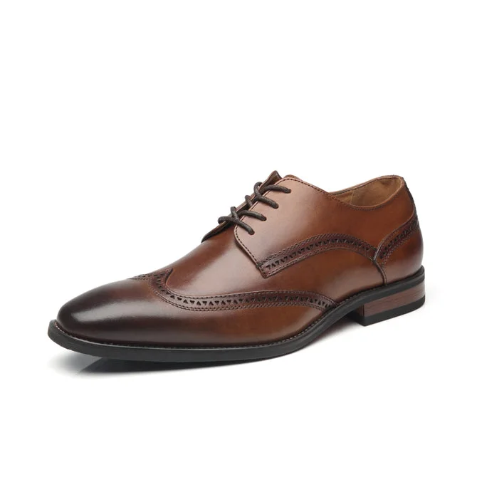 comfortable leather shoes for weddings-Men's Oxford Wing Tip Navy Leather Dress Shoes - Whisky