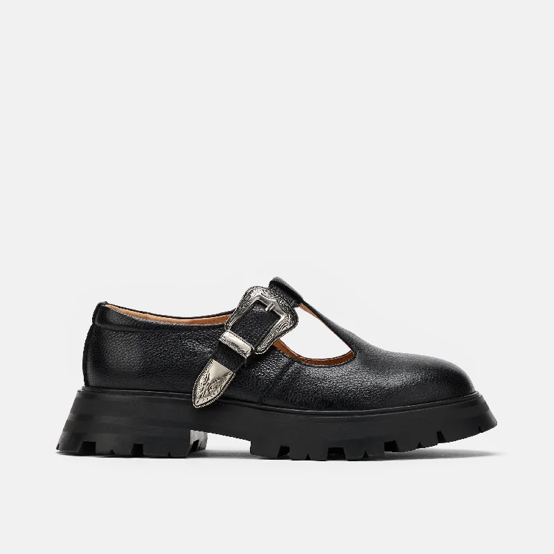 oxford shoes with leather finish for business men-Charli Black Leather Lug Mary Janes