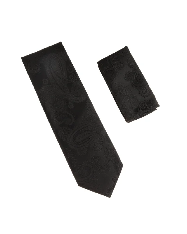 Men's silk tie for upscale corporate events-All Black Paisley Designed Necktie Tie with Matching Pocket Square