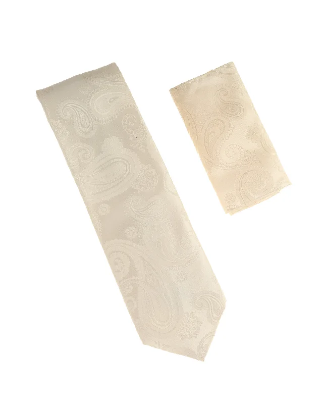 Trendy men's tie with floral motif for weddings-All Ivory Paisley Designed Necktie Tie with Matching Pocket Square