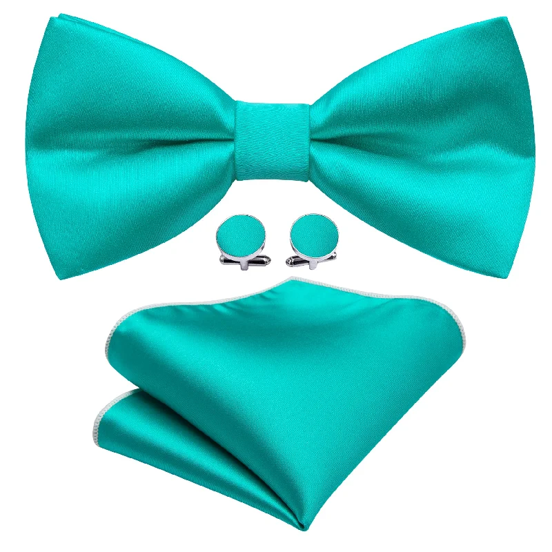 Men's tie for high-end office meetings-Barry Wang Aqua Solid Silk Pre Tied Wedding Bowtie Hanky Cufflinks Set