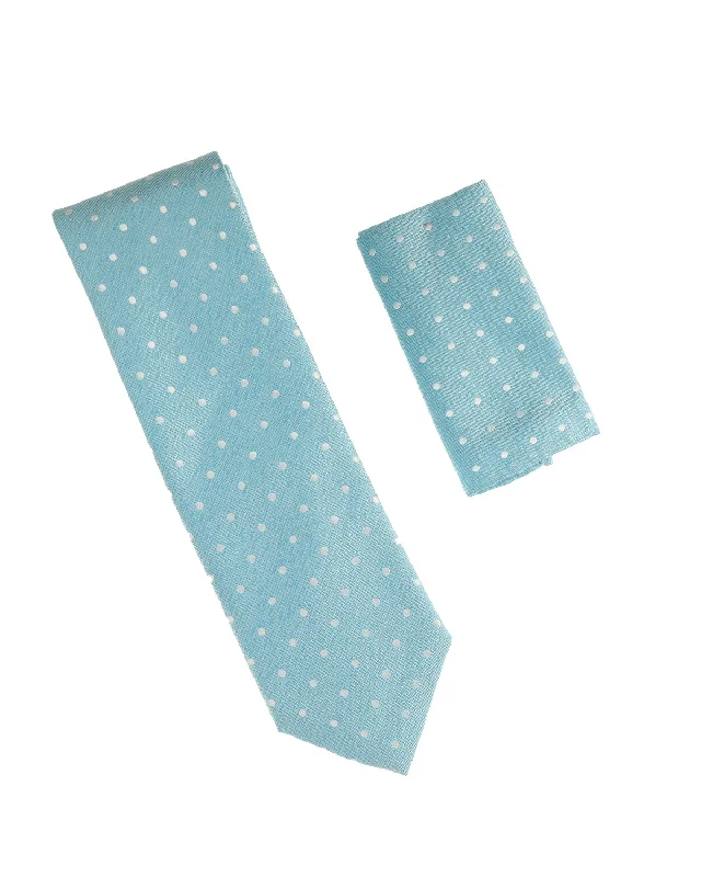 Designer silk tie for a wedding reception-Aqua With Silver Mini Dots Extra Long Necktie with Matching Pocket Square