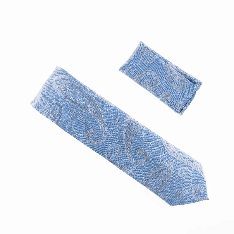 Elegant silk tie for men with smooth texture-Baby Blue and Grey Designed Extra Long Necktie with Matching Pocket Square