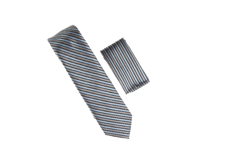 Men's tie with vintage design for a classy look-Baby Blue, Gray, Navy & Silver Striped Necktie with Matching Pocket Square