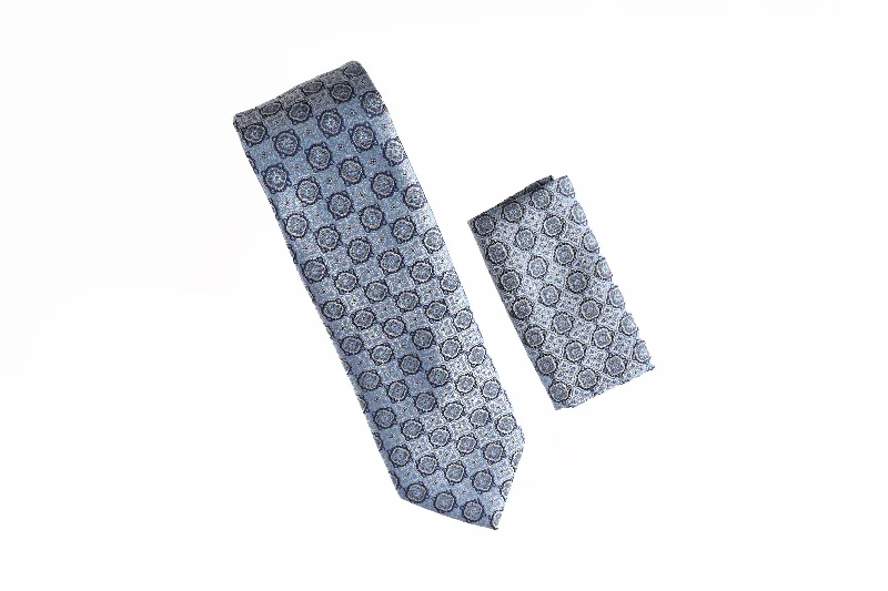 Best men's tie for professional job interviews-Baby Blue, Navy and Silver Design Tie with Matching Pocket Square WTHXL-867