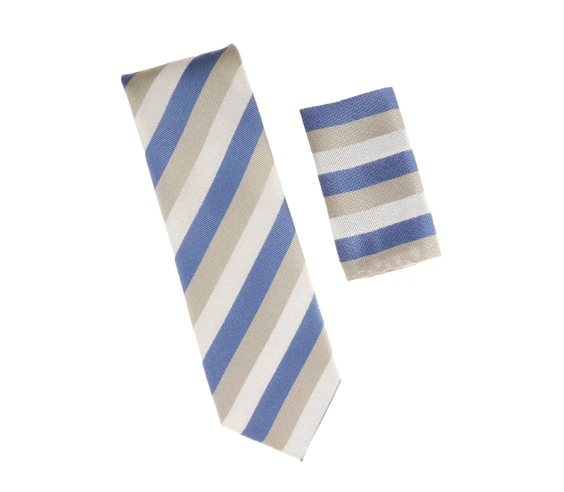 Men's tie with vintage design for a classy look-Baby Blue, Silver & White Striped Extra Long Necktie With Matching Pocket Square