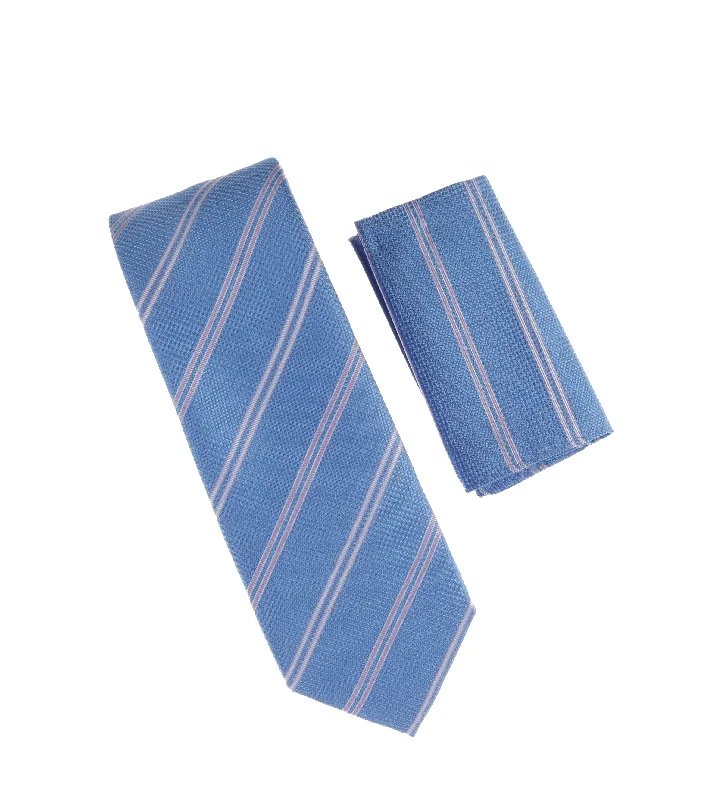 Best men's tie for professional job interviews-Baby Blue with Pink & Silver Stripe Designed Tie with Matching Pocket Square WTH-990