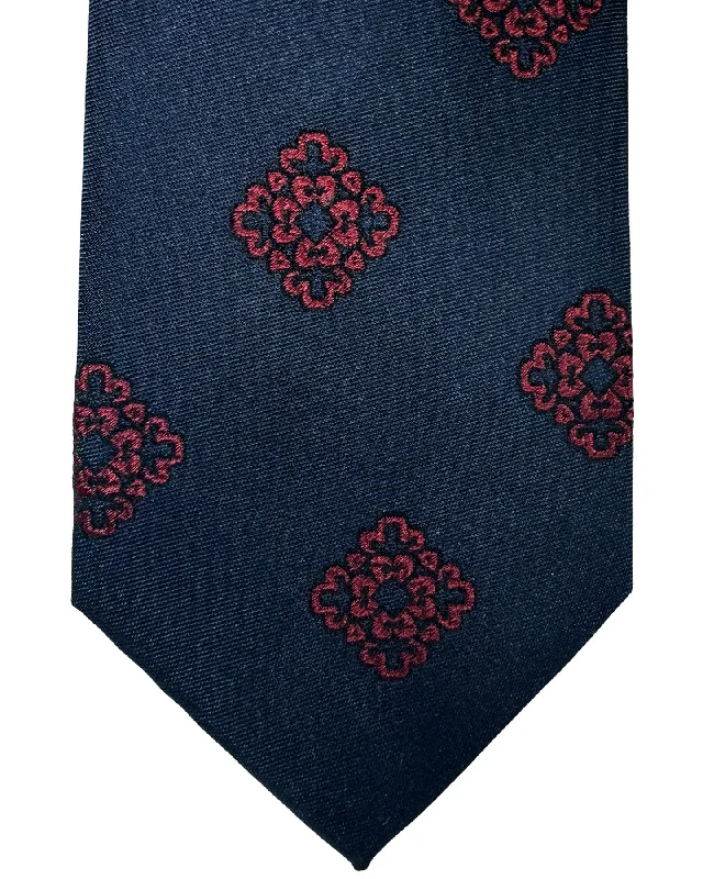 Designer men's tie for upscale social events-Barba Sevenfold Tie Midnight Blue Magenta Medallions Design - Sartorial Neckwear