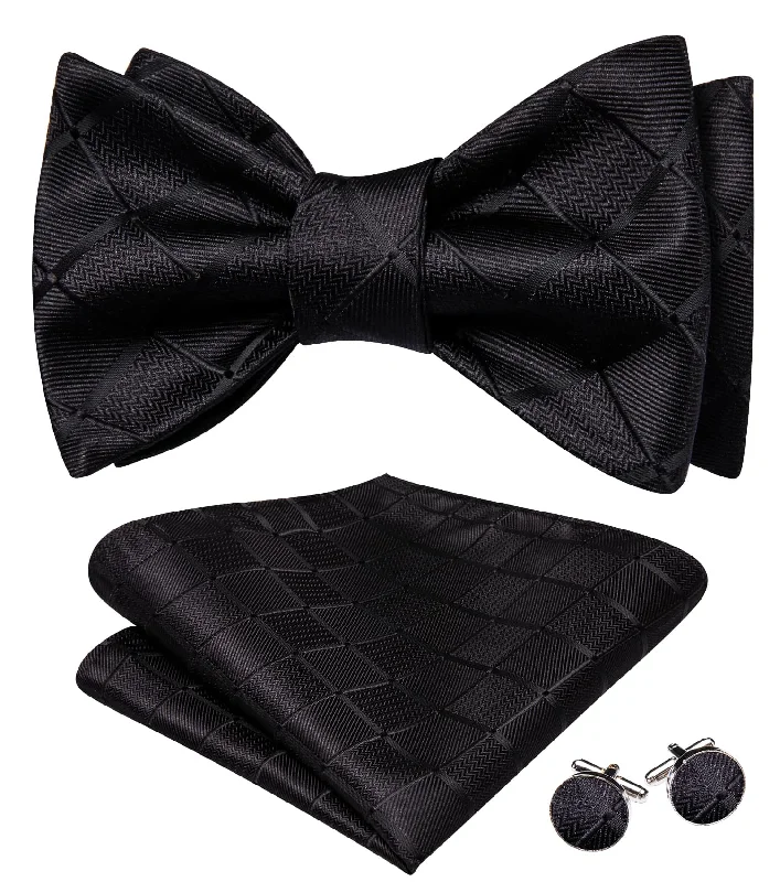 Men's tie with fine fabric for weddings and formal events-Barry Wang Black Bowtie Mens Plaid Self-Tied Tie Hanky Cufflinks Set