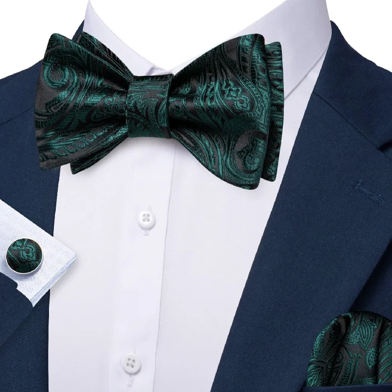 Best men's tie for a formal office dinner event-Barry Wang Black Green Bow Tie For Men Paisley Tie Hanky Cufflinks Set