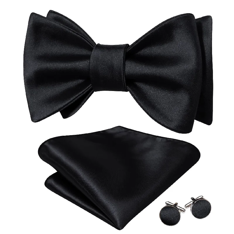 Classic men's tie with simple color patterns for office wear-Barry Wang Black Solid Tie Mens Self-Tied Bowtie Hanky Cufflinks Set