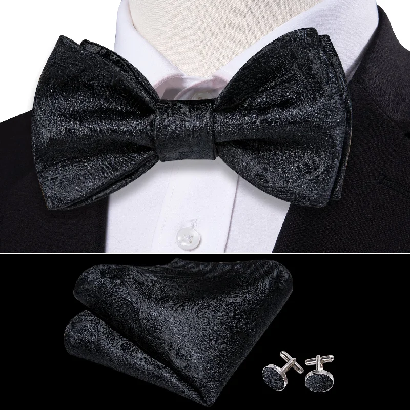 Classic men's tie with fine geometric design-Barry.wang Black Tie Paisley Men's Self Tie Bow Tie Hanky Cufflinks Set