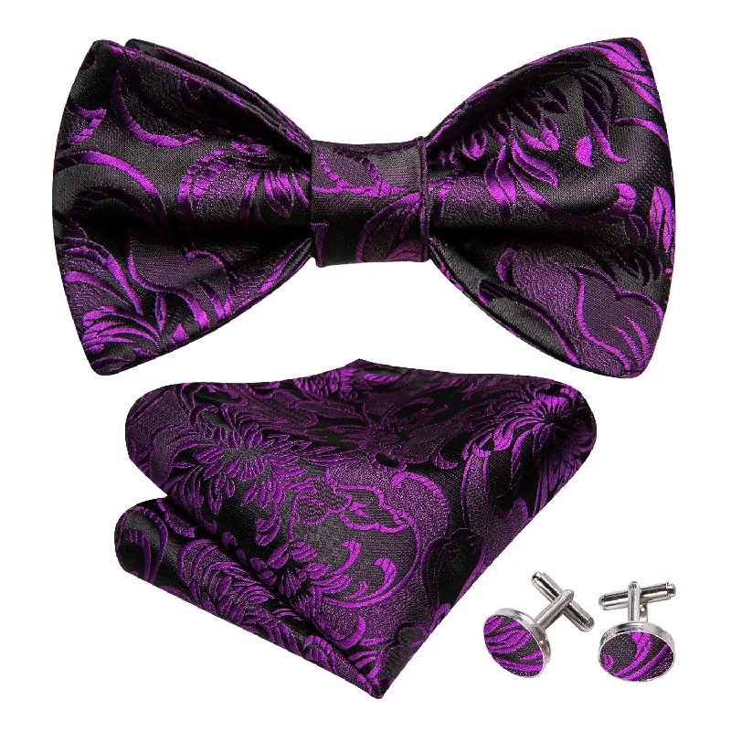 Men's tie with bold color contrasts for formal wear-Barry.wang Black Tie Purple Floral Bow Tie Hanky Cufflinks Set