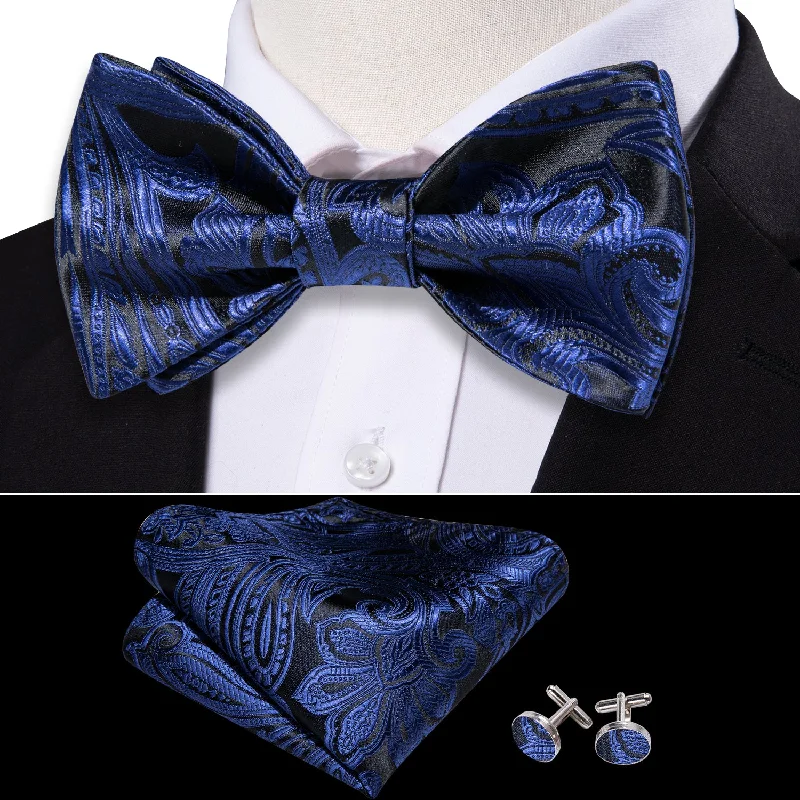 Best men's tie with classic design for business meetings-Barry.Wang Blue Tie Black Paisley Self Tie Bow Tie Hanky Cufflinks Set