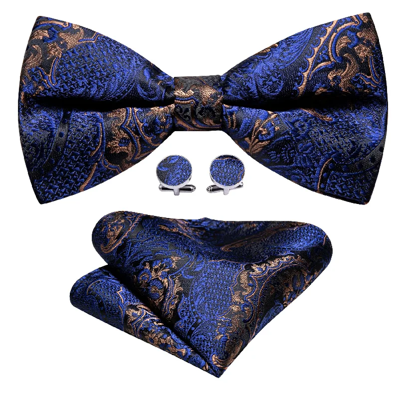 Men's tie with vintage-inspired design for office wear-Barry.wang Blue Tie Gold Paisley Pre-tied Bow Tie Hanky Cufflinks Set