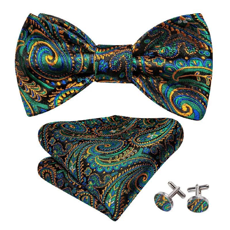 Men's tie for upscale dinner parties-Barry.Wang Blue Tie Teal Orange Paisley Bow Tie Hanky Cufflinks Set