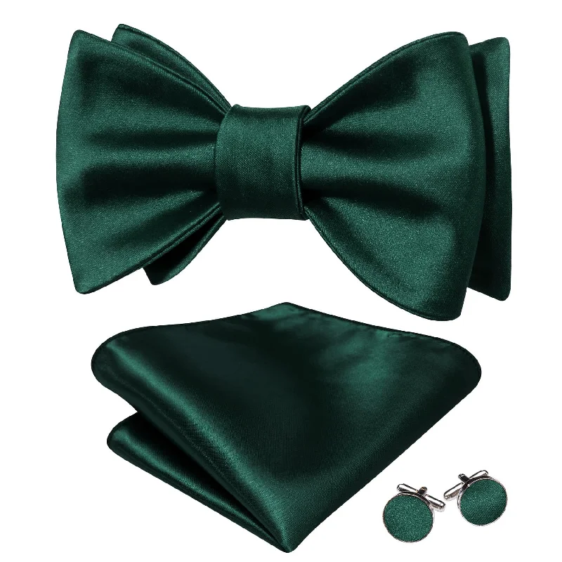 Best men's tie with sleek design for upscale meetings-Barry Wang Dark Green Tie Men's Self-Tied Bowtie Hanky Cufflinks Set