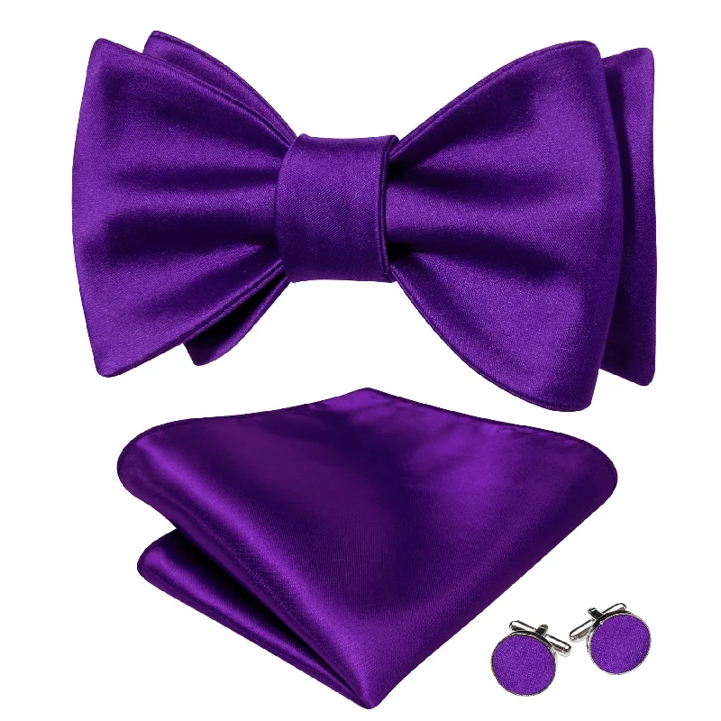 Designer men's tie for upscale social events-Barry Wang Dark Purple Tie Men's Self-Tied Bowtie Hanky Cufflinks Set