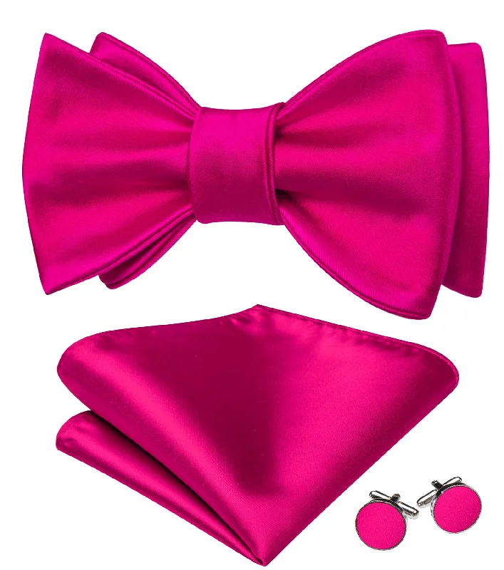 Men's tie with subtle checks for business wear-Barry Wang Deep Pink Bowtie Mens Self-Tied Tie Hanky Cufflinks Set