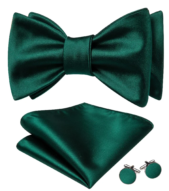 Men's tie with luxurious colors for upscale events-Barry Wang Emerald Green Tie Mens Self-Tied Bowtie Hanky Cufflinks Set