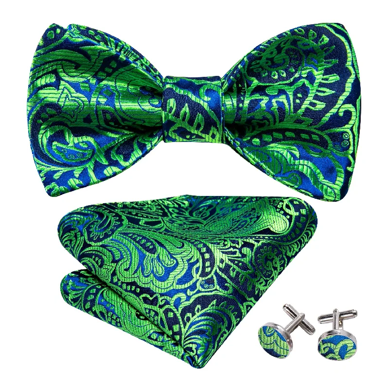 Stylish men's tie for evening parties-Barry.wang Floral Tie Green Navy Paisley Bow Tie Hanky Cufflinks Set