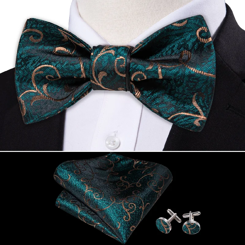 Designer tie for business professionals with chic design-Barry.wang Floral Tie Green Gold Jacquard Woven Silk Self-Tie Bow Tie Set