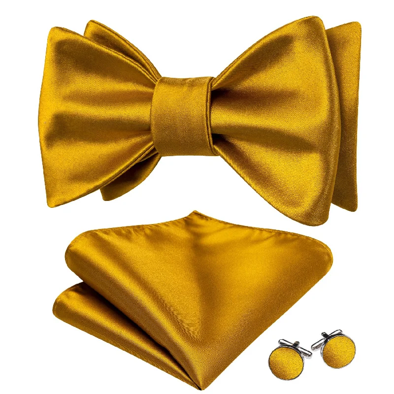 Stylish men's tie with classic polka dot design-Barry Wang Gold Solid Tie Mens Self-Tied Bowtie Hanky Cufflinks Set