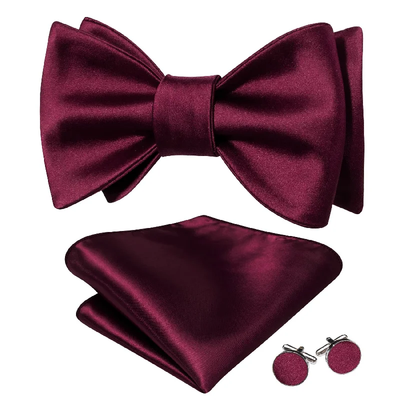 Best men's tie for professional job interviews-Barry Wang Maroon Red Tie Mens Self-Tied Bowtie Hanky Cufflinks Set