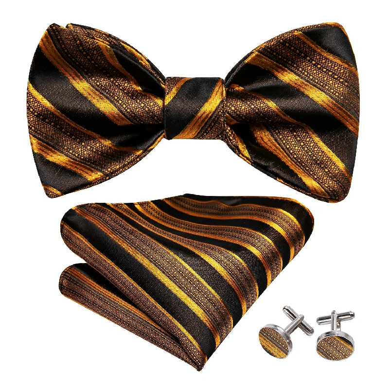 Men's tie for corporate events with modern design-Barry.wang Men's Tie Black Gold Striped Bow Tie Hanky Cufflinks Set