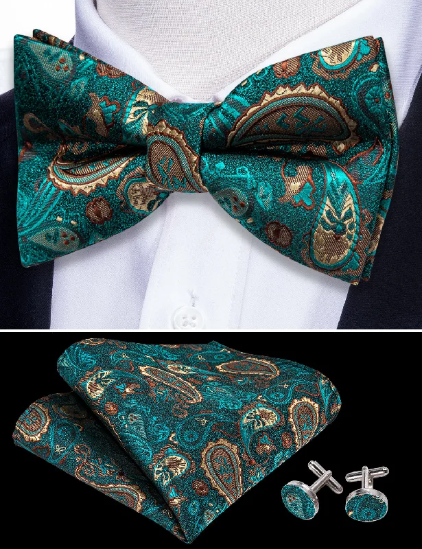 Men's tie with bold color accents for weddings-Barry.wang Men's Tie Teal Blue Paisley Silk Pre-tied Bow Tie Set