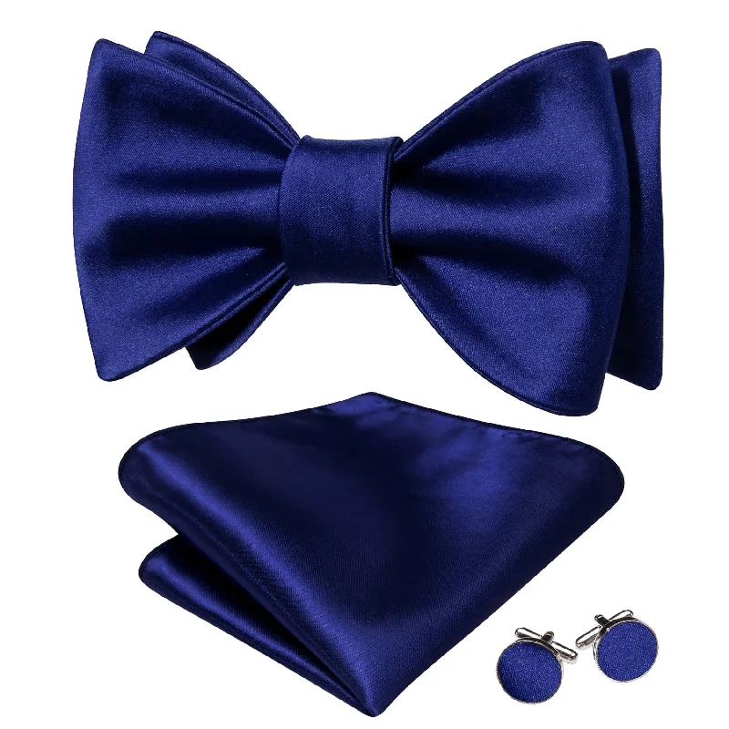 Men's tie with bold patterns for upscale office events-Barry Wang Navy Blue Tie Men's Self-Tied Bowtie Hanky Cufflinks Set