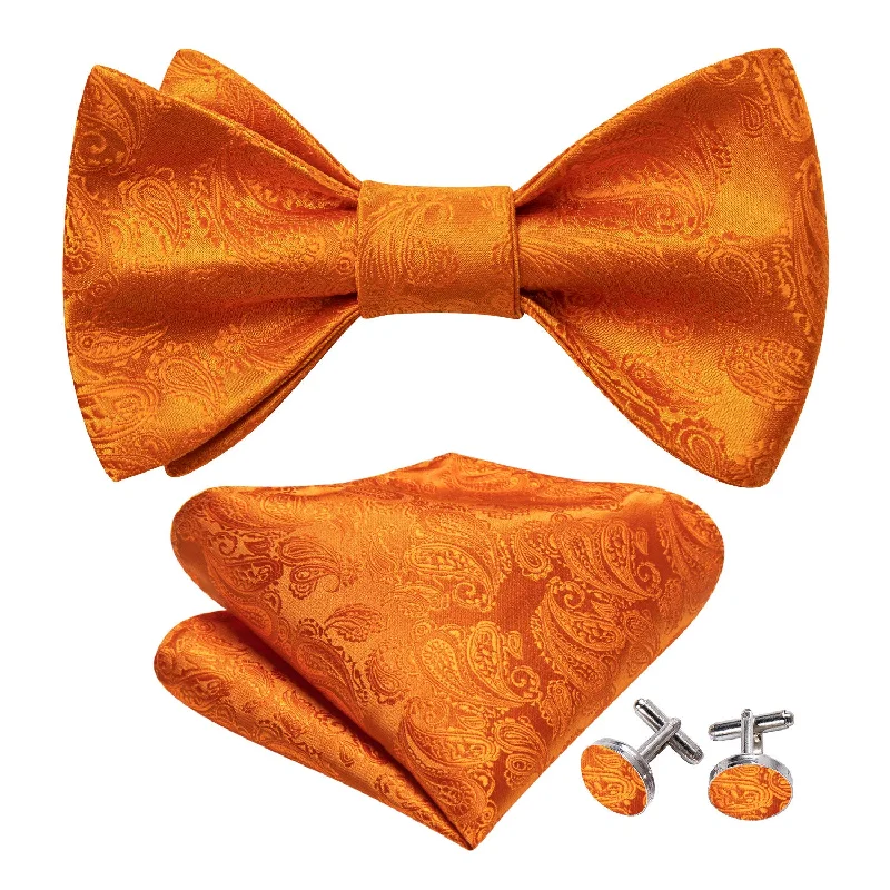 Designer silk tie for upscale corporate functions-Barry.wang Orange Tie Paisley Silk Men's Bow Tie Hanky Cufflinks Set