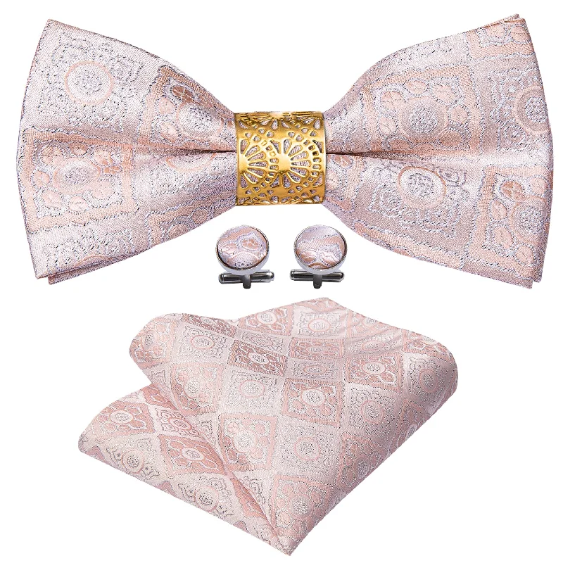 Men's tie for a classic look with solid color blocks-Barry.wang Pink Tie Paisley Pre-tied Bow Tie Ring Hanky Cufflinks Set