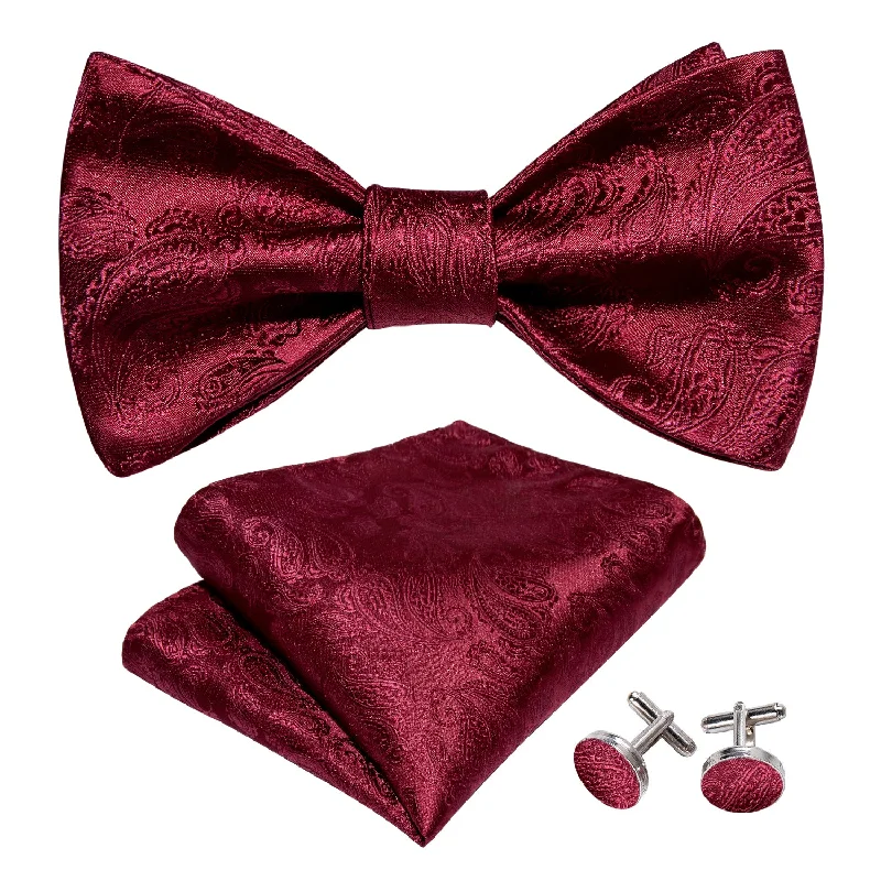 Men's tie with subtle accents for a refined look-Barry.wang Red Tie Paisley Silk Self-Tie Bow Tie Hanky Cufflinks Set for Men Wedding