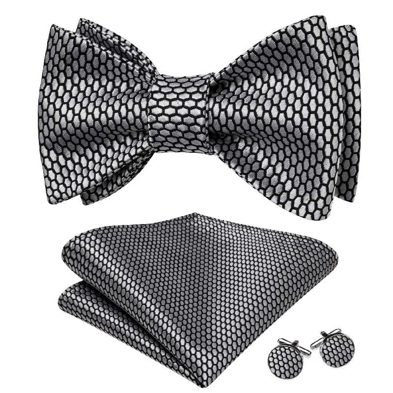 Classic men's tie for formal workwear-Barry Wang Self-Tied Bowtie Black Silver Geometric Men's Bow-Tie Set