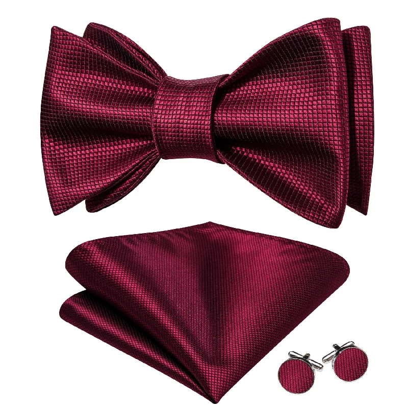 Classic men's tie with rich green tones for formal occasions-Barry Wang Self-Tied Bowtie Burgundy Red Plaid Mens Formal Bow Tie Set