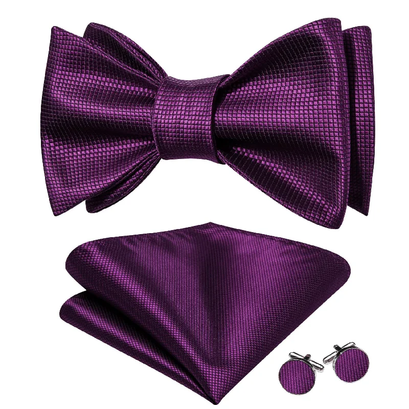 Designer silk tie for elegant office events-Barry Wang Self-Tied Bowtie Dark Purple Plaid Mens Formal Bow Tie Set