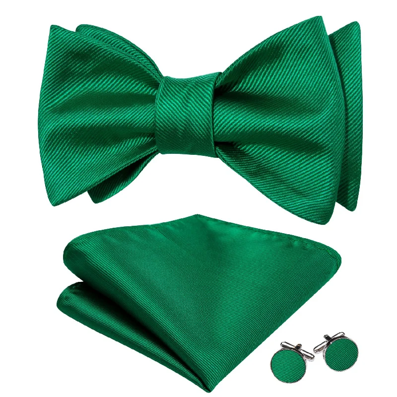 Men's tie for casual business attire-Barry Wang Self-Tied Bowtie Green Striped Mens Tie Hanky Cufflinks Set