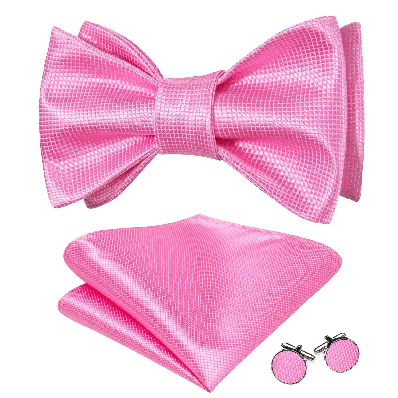 Men's tie with floral prints for a refined look-Barry Wang Self-Tied Bowtie Pink Plaid Men's Tie Hanky Cufflinks Set